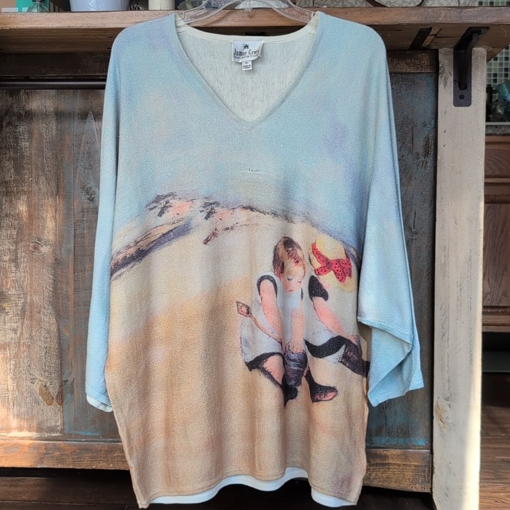 Jamie Gries Storybook Knits Vintage Children Shoreline Art Sweater  - Women's XL